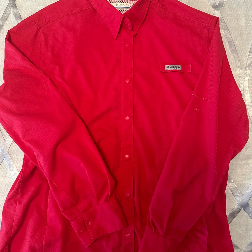 Columbia PFG Women’s Long-Sleeve Red Button-Up Shirt, Fuschia, Sz XL